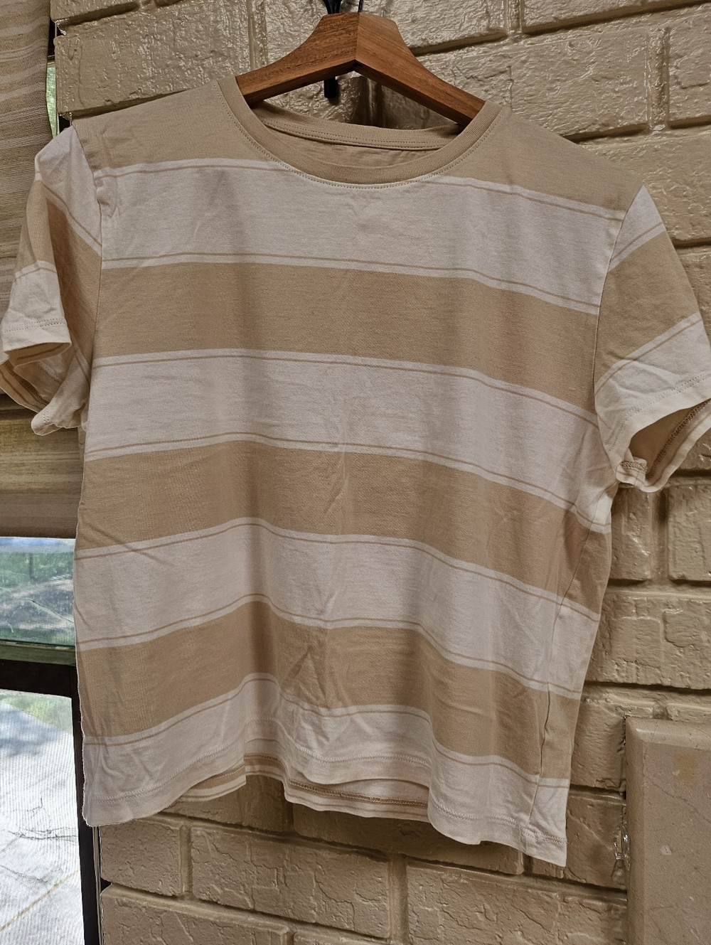 Everlane Boxy Cotton Top Beige and White Striped Tee
